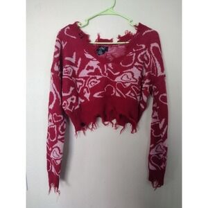Trendy Distressed Red V-Neck Sweater
